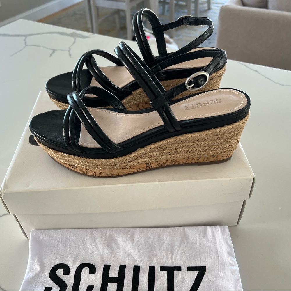 Schutz - Isla 3” Espadrilles / Wedge Sandals - Black Leather - 8.5 - New in Box